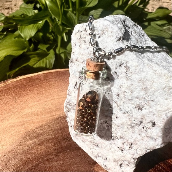 Glass Bottle Pendant Necklace with Brown Crystal Beads 18” Silver Tone Chain - Picture 2 of 8